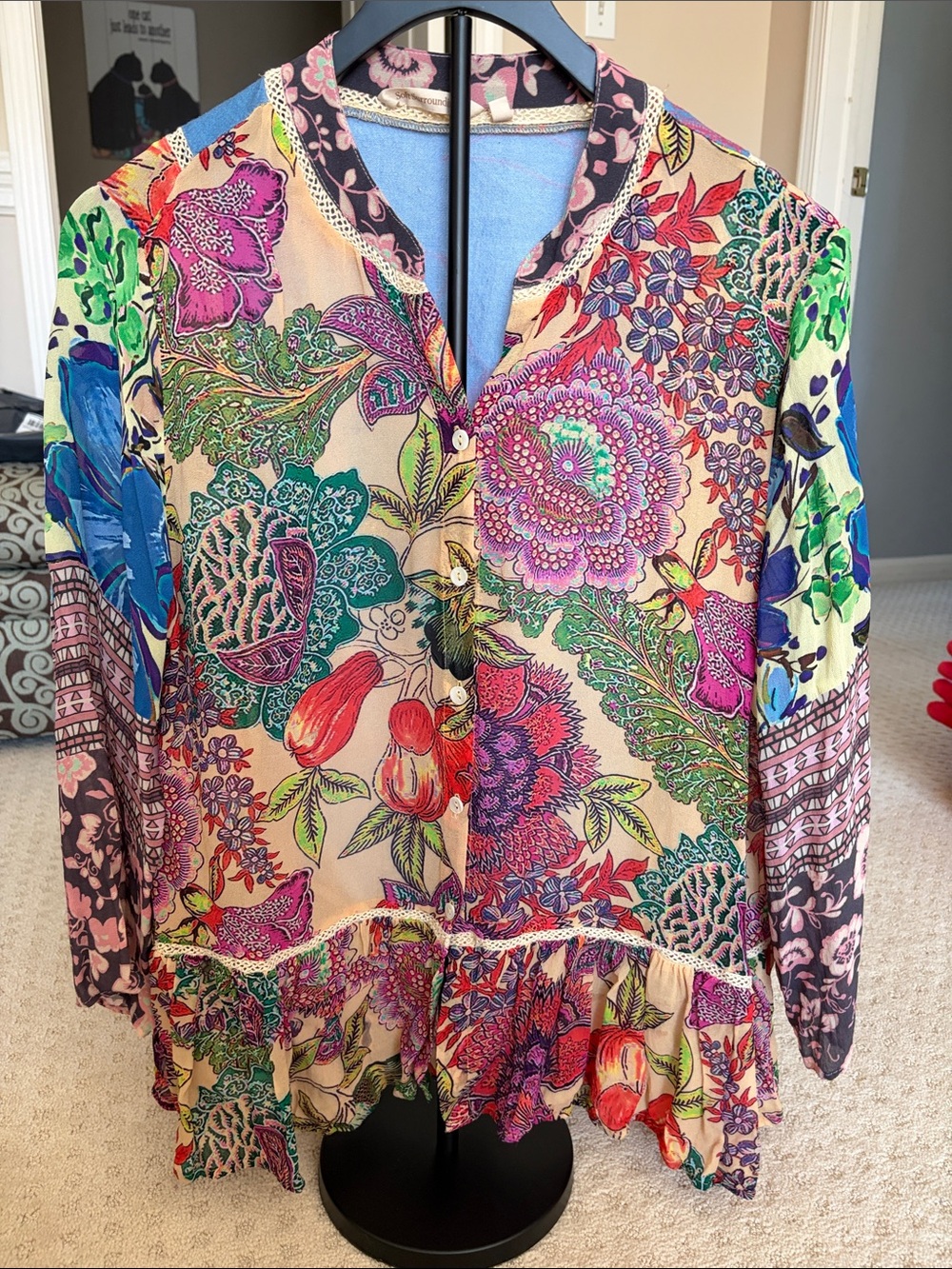 Soft Surroundings Multicolor Floral Patchwork Button-Front Peplum Top